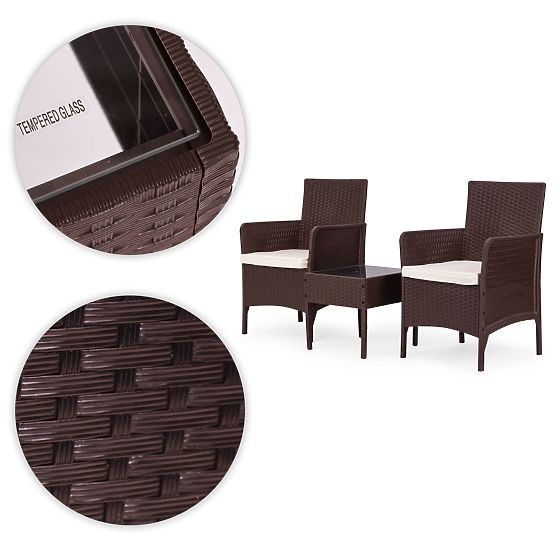 Garden Furniture Set 2 Chairs + Table Tempered Glass Brown MultiGarden