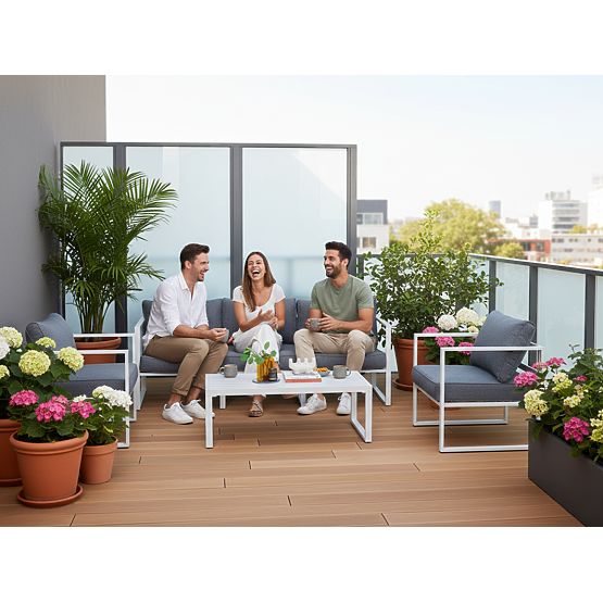Garden Furniture Set (Large 3-Seater Sofa, 2 x Armchair + Table) MOSTRARE White Aluminum, Gray Cushi