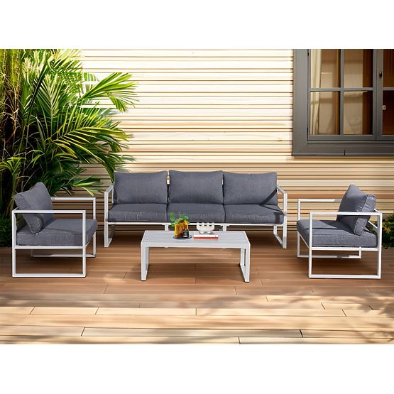 Garden Furniture Set (Large 3-Seater Sofa, 2 x Armchair + Table) MOSTRARE White Aluminum, Gray Cushi
