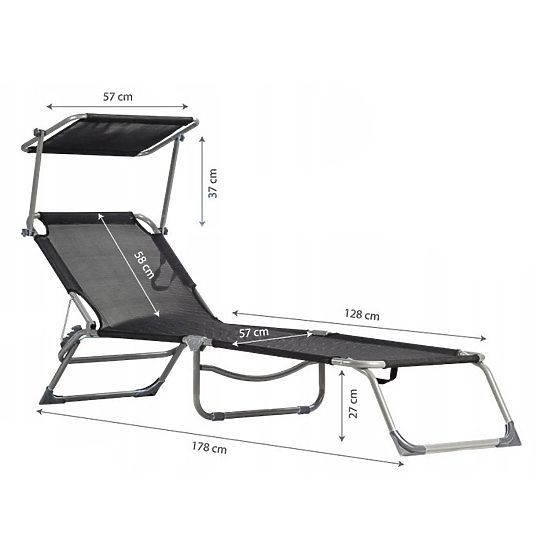 Garden Lounger with Adjustable Canopy Black