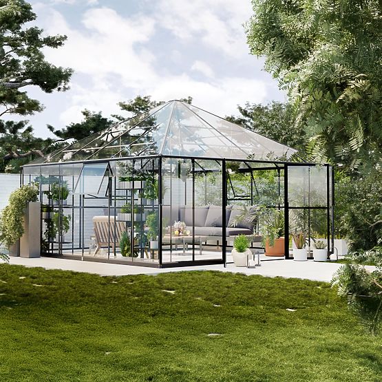 Garden Orangery ProGlass Gazebo Large with Base 17.8 m² Tempered Glass 4 mm, Aluminum, Black