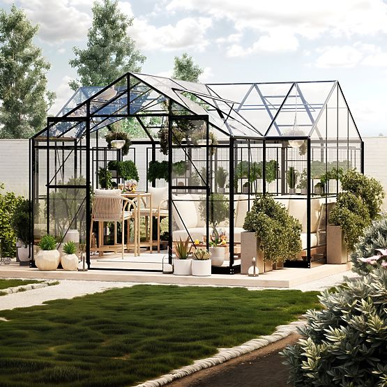 Garden Orangery Royal Green Standard 16.6 m² with Base, Tempered Glass 4 mm, Aluminum, Black