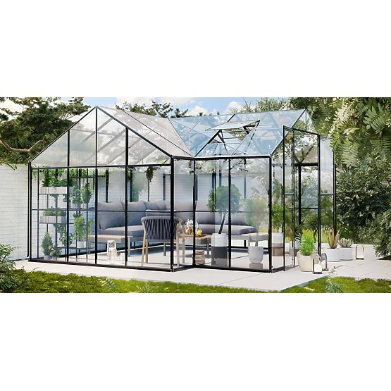 Garden Orangery Royal Green Standard 16.6 m² with Base, Tempered Glass 4 mm, Aluminum, Black