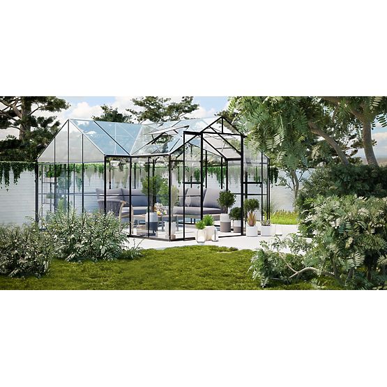 Garden Orangery Royal Green Standard 16.6 m² with Base, Tempered Glass 4 mm, Aluminum, Black