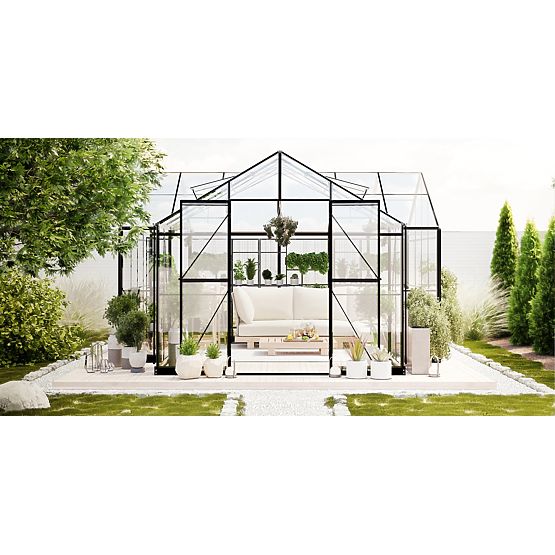 Garden Orangery Royal Green Standard 16.6 m² with Base, Tempered Glass 4 mm, Aluminum, Black