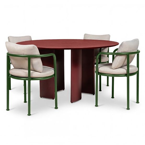 Garden Set Amarello, Round Table 140 cm + 4 Chairs, Aluminum, Green/Burgundy Brown