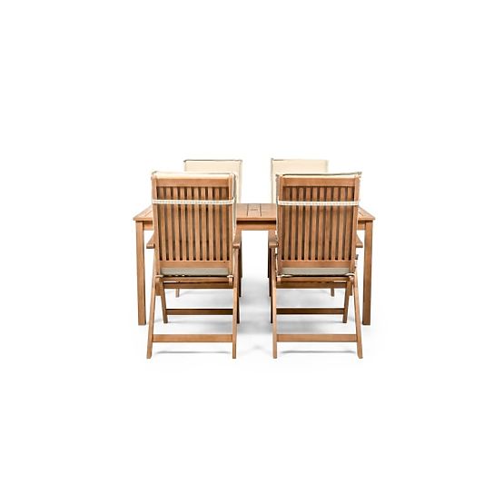 Garden Set Familis Table 160 cm + 4 Chairs with Adjustable Backrests and Cream Cushions, Wood