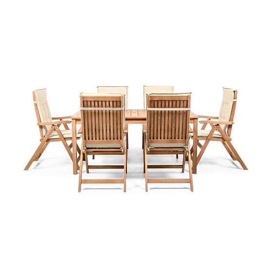 Garden Set Familis Table 160 cm + 6 Chairs with Adjustable Backrests and Cream Cushions, Wood