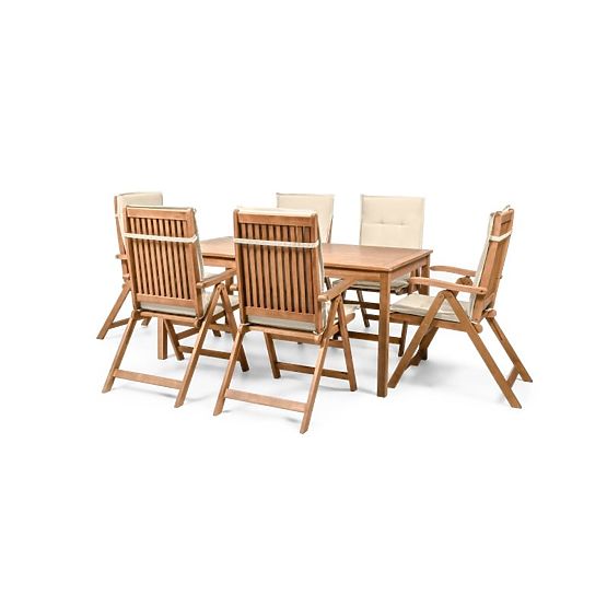 Garden Set Familis Table 160 cm + 6 Chairs with Adjustable Backrests and Cream Cushions, Wood