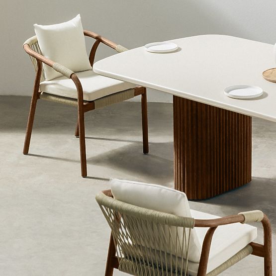 Garden Set Rovigo Table with Stone Top 220 cm and 6 Chairs with Woven Cord, Dark Wood