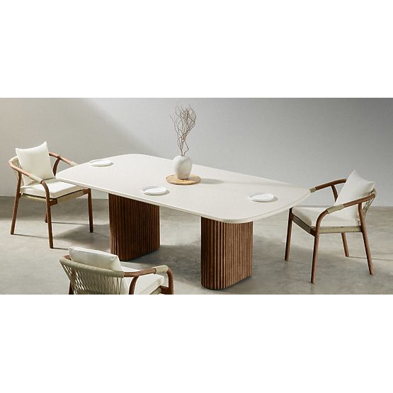 Garden Set Rovigo Table with Stone Top 220 cm and 6 Chairs with Woven Cord, Dark Wood
