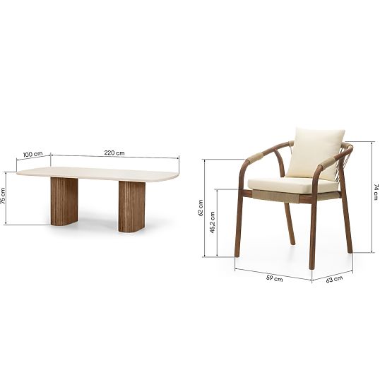 Garden Set Rovigo Table with Stone Top 220 cm and 6 Chairs with Woven Cord, Dark Wood