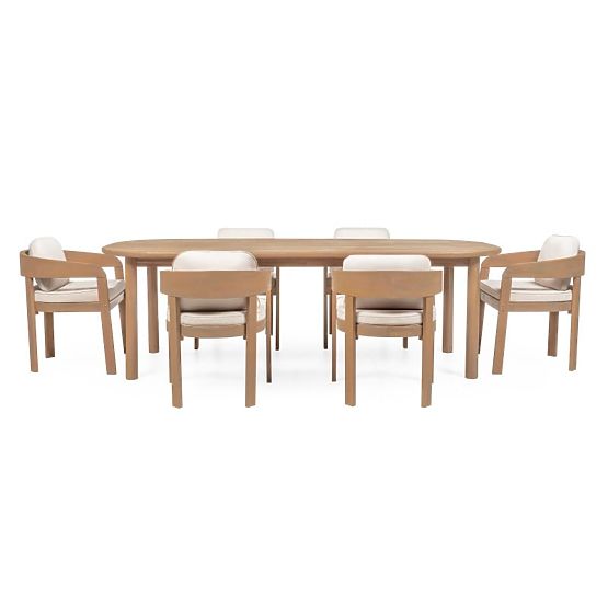 Garden Set Satori II, Table 240 cm + 6 Chairs, FSC Acacia Wood, Teak Look, Beige, Rounded