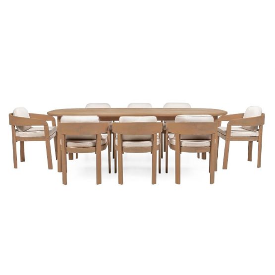 Garden Set Satori II, Table 240 cm + 8 Chairs, FSC Acacia Wood, Teak Look, Beige, Rounded
