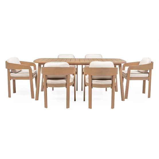 Garden Set Satori, Table 183 cm + 6 Chairs, FSC Acacia Wood, Teak Look, Beige, Rounded
