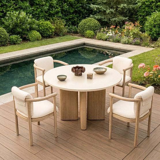 Garden Table Komorebi 130 cm with Stone Top, Light Acacia Wood/Light Beige, Round, Slats