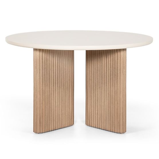 Garden Table Komorebi 130 cm with Stone Top, Light Acacia Wood/Light Beige, Round, Slats