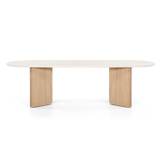 Garden Table Komorebi 270 cm with Stone Top, Light Acacia Wood/Light Beige, Oval, Slats