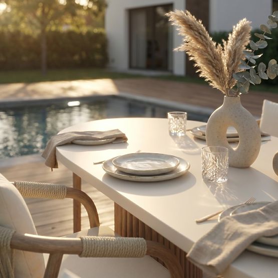 Garden Table Komorebi 270 cm with Stone Top, Light Acacia Wood/Light Beige, Oval, Slats