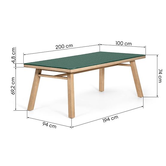 Garden Table Wabi 200 cm with Stone Top, Light Acacia Wood/Green, Rectangular