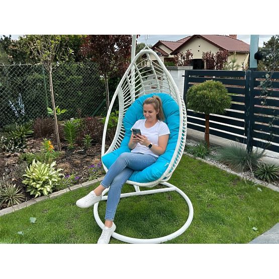 Hanging Chair BELLISSIMO (chair + frame) in White Technorattan with Blue Cushion, Cover GRA