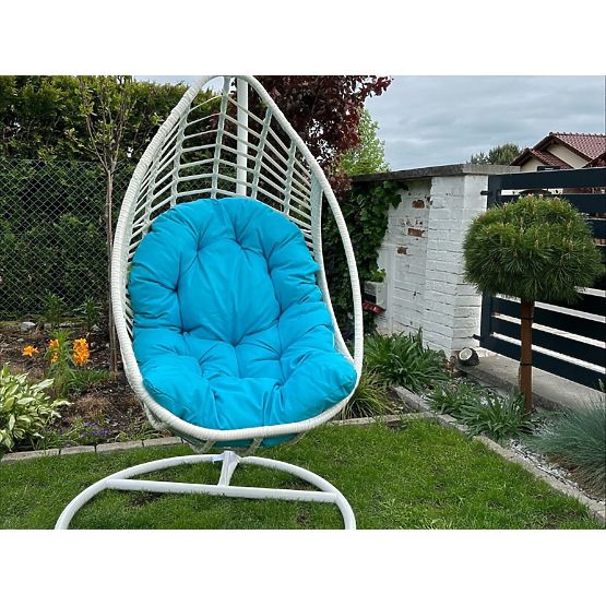 Hanging Chair BELLISSIMO (chair + frame) in White Technorattan with Blue Cushion, Cover GRA