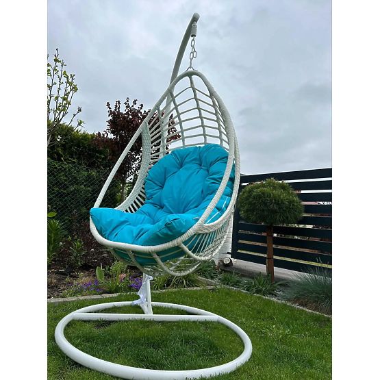 Hanging Chair BELLISSIMO (chair + frame) in White Technorattan with Blue Cushion, Cover GRA