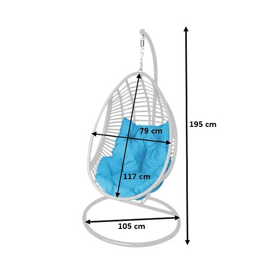 Hanging Chair BELLISSIMO (chair + frame) in White Technorattan with Blue Cushion, Cover GRA