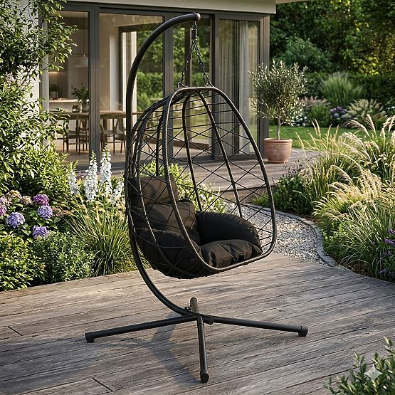 Hanging Freestanding Garden Cocoon Chair up to 120 kg with Black Cushions MultiGarden
