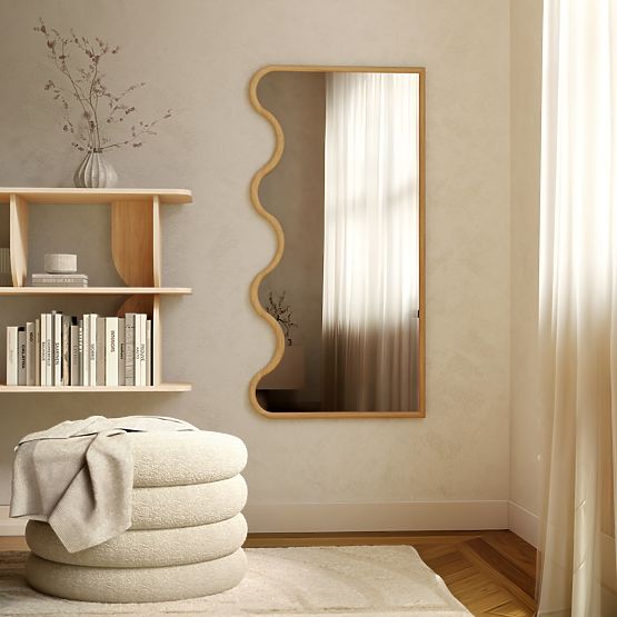 Hanging Mirror in Wavy Frame Noelie, 140x70 cm, Rectangular, Paulownia Wood, Natural