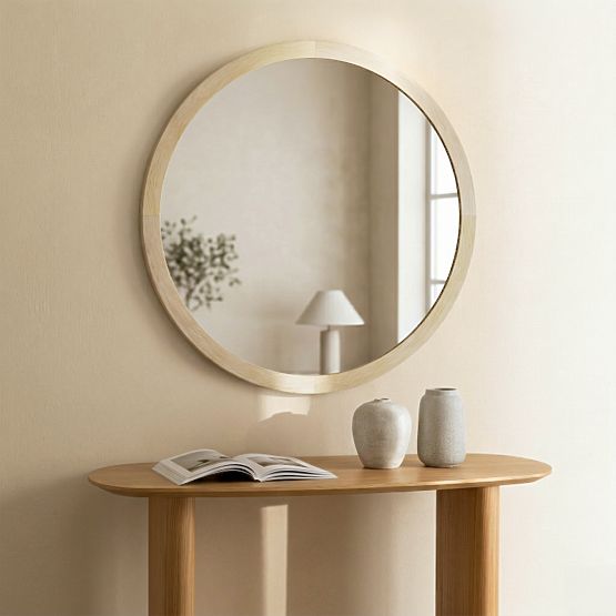 Hanging Mirror in Wooden Frame Sesto 60 cm, Round, Natural