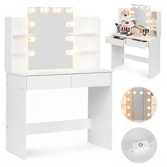 Large Cosmetic Vanity Table with Mirror and LED Lighting 3 Colors Shelves Drawers ModernHome