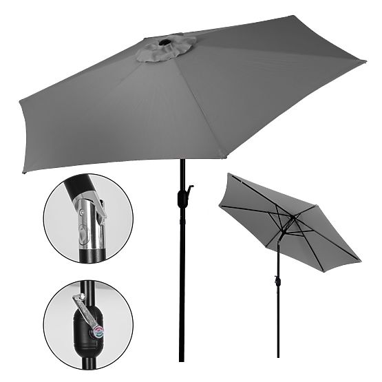 Large Tilted Garden Parasol with Crank 6 Ribs Grey 270 cm