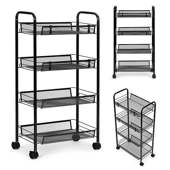 Metal Kitchen and Bathroom Organizer on Wheels, 4 Shelves, Black ModernHome