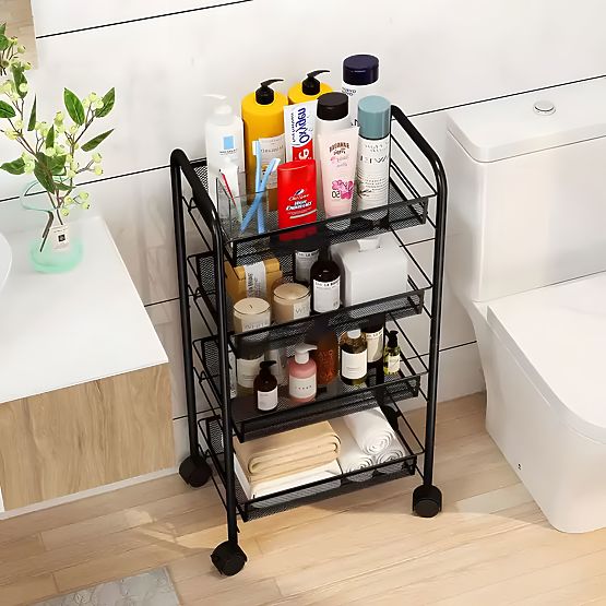 Metal Kitchen and Bathroom Organizer on Wheels, 4 Shelves, Black ModernHome