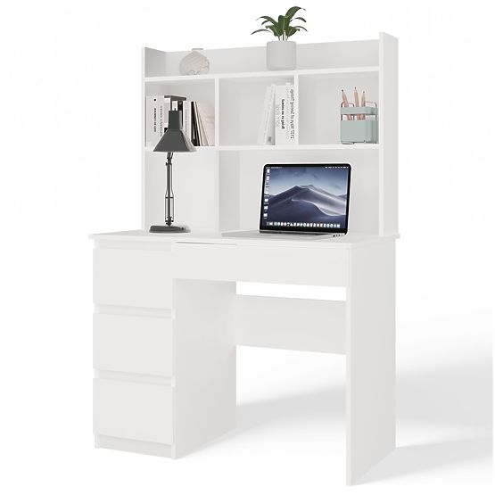 MIJAS Left Desk with Hutch Matte White 4 Drawers 4 Shelves for Office Room