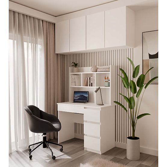 MIJAS Left Desk with Hutch Matte White 4 Drawers 4 Shelves for Office Room