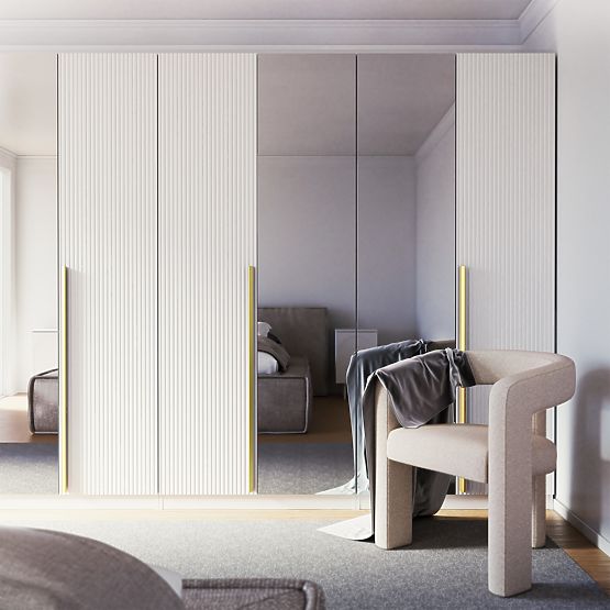 Neroli Four-Door Wardrobe, Simple Grooves/Mirror, White