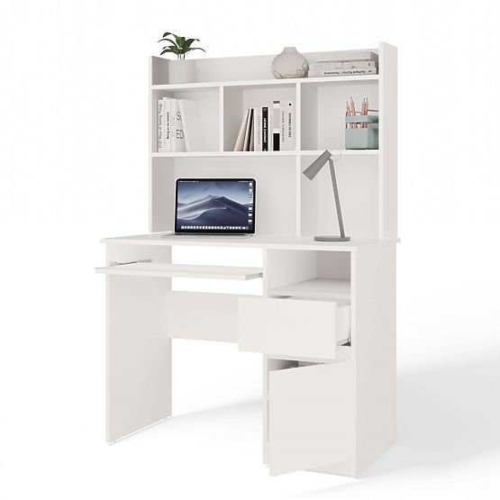 PORTO Right Desk with Extension White Matte Drawer Shelf for Office Room