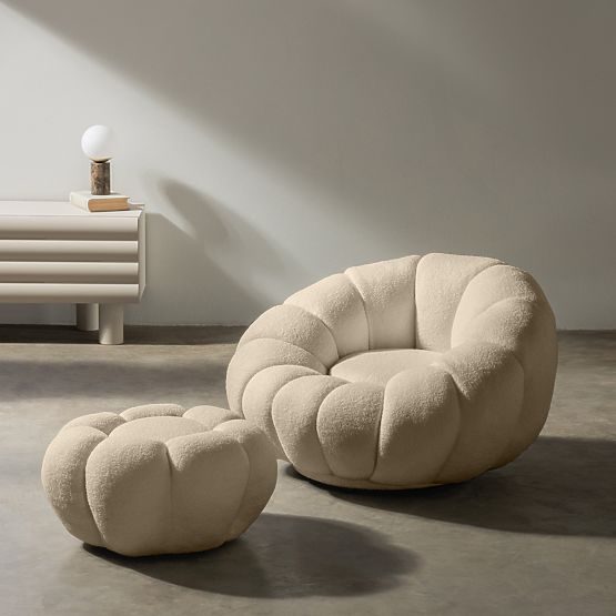 Pouf Perugia, Beige, Bouclé, Rounded Shapes