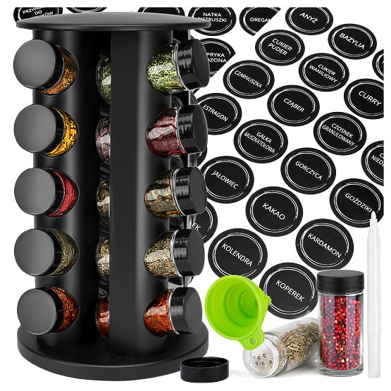 Rotating Spice Rack ROTOR BLACK 20 Jars + 72 Labels