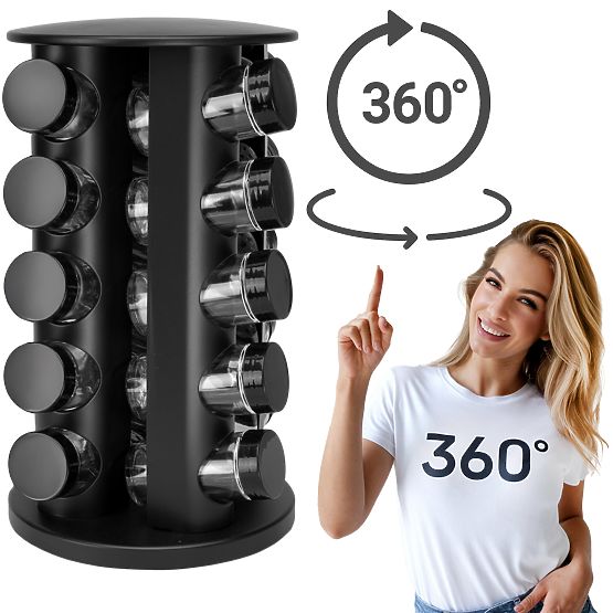 Rotating Spice Rack ROTOR BLACK 20 Jars + 72 Labels
