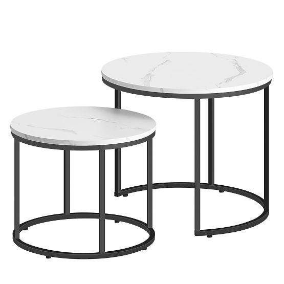 Round Coffee Table Set of 2 - Marble / Black Legs