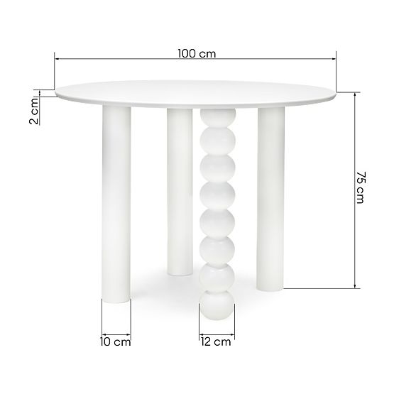 Round Table Bolla 100 cm, Beech Veneer, White, Decorative Leg with Spheres
