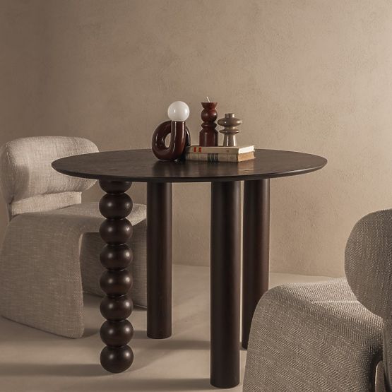 Round Table Bolla 100 cm, Oak Veneer, Walnut, Decorative Leg with Spheres