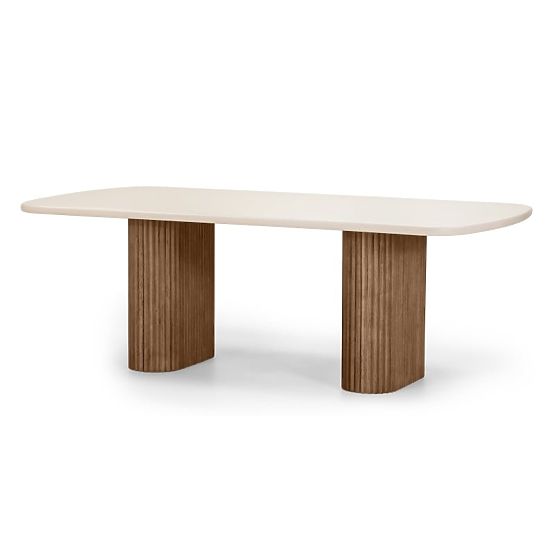 Rovigo Garden Table 220 cm with Stone Top, Dark Acacia Wood/Light Beige, Rounded Shapes, l