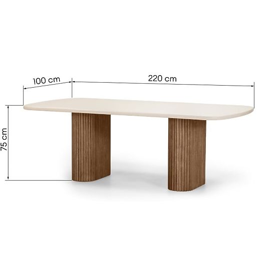 Rovigo Garden Table 220 cm with Stone Top, Dark Acacia Wood/Light Beige, Rounded Shapes, l