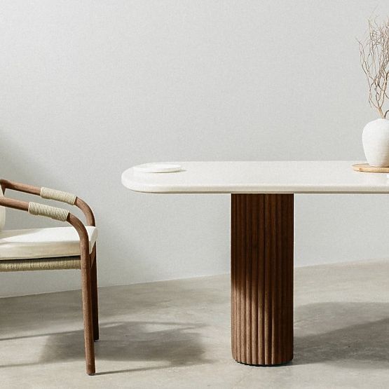 Rovigo Garden Table 220 cm with Stone Top, Dark Acacia Wood/Light Beige, Rounded Shapes, l