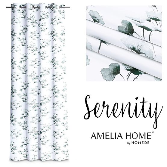 SERENITY Curtain White Color Printed Plant Motif Classic Style Silver Metal Eyelets