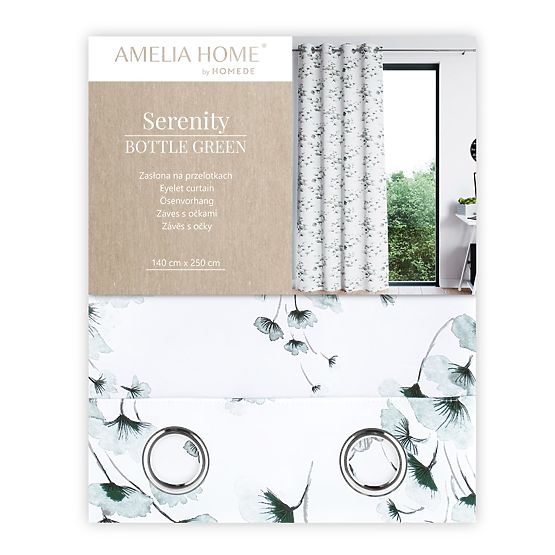 SERENITY Curtain White Color Printed Plant Motif Classic Style Silver Metal Eyelets